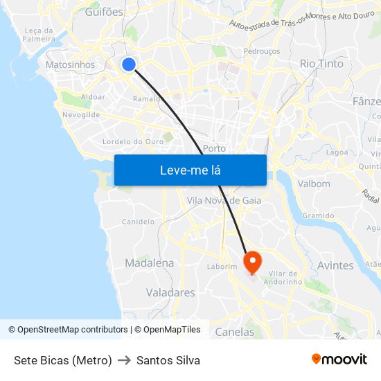 Sete Bicas (Metro) to Santos Silva map