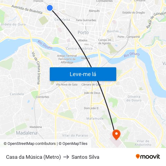 Casa da Música (Metro) to Santos Silva map