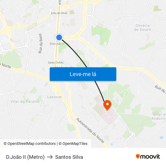 D.João II (Metro) to Santos Silva map