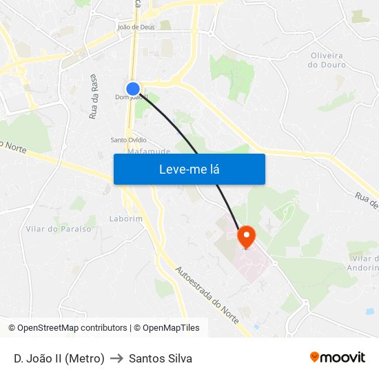 D. João II (Metro) to Santos Silva map