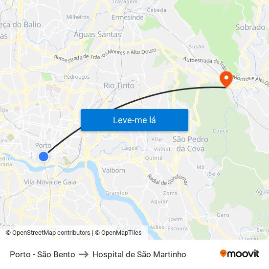 Porto - São Bento to Hospital de São Martinho map