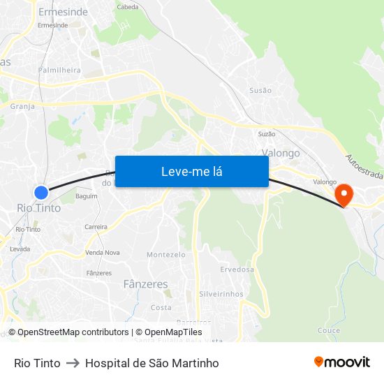 Rio Tinto to Hospital de São Martinho map