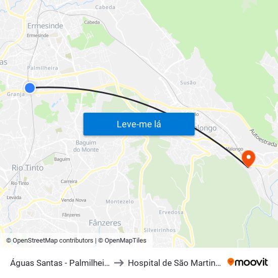 Águas Santas - Palmilheira to Hospital de São Martinho map