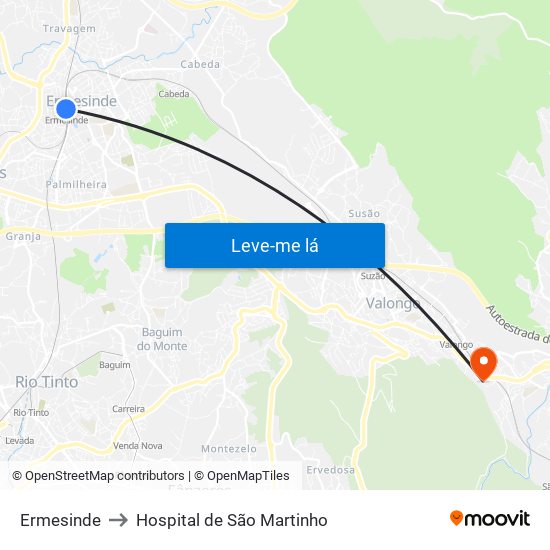 Ermesinde to Hospital de São Martinho map