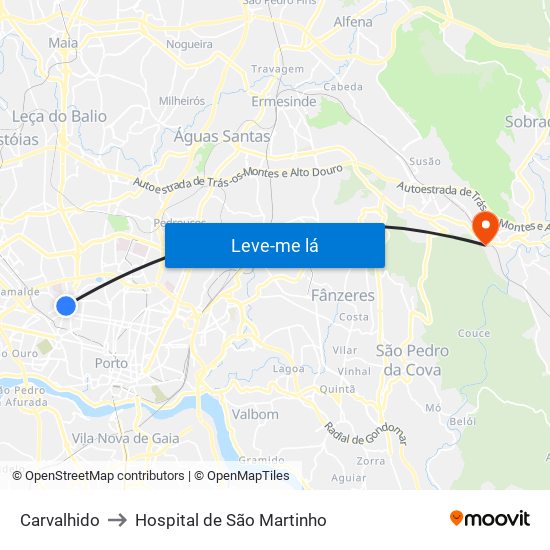 Carvalhido to Hospital de São Martinho map