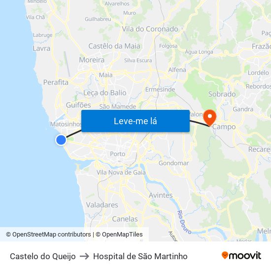 Castelo do Queijo to Hospital de São Martinho map