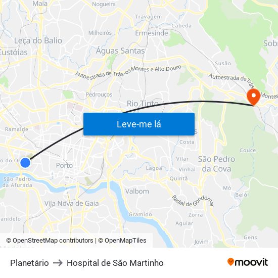 Planetário to Hospital de São Martinho map