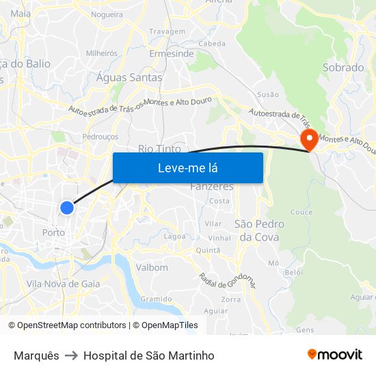 Marquês to Hospital de São Martinho map