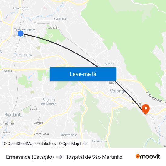 Ermesinde (Estação) to Hospital de São Martinho map