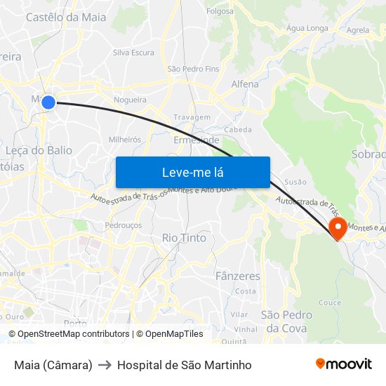 Maia (Câmara) to Hospital de São Martinho map
