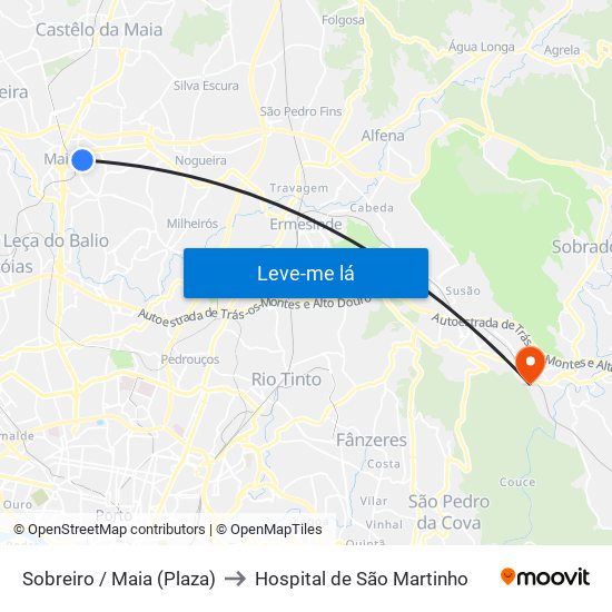 Sobreiro / Maia (Plaza) to Hospital de São Martinho map