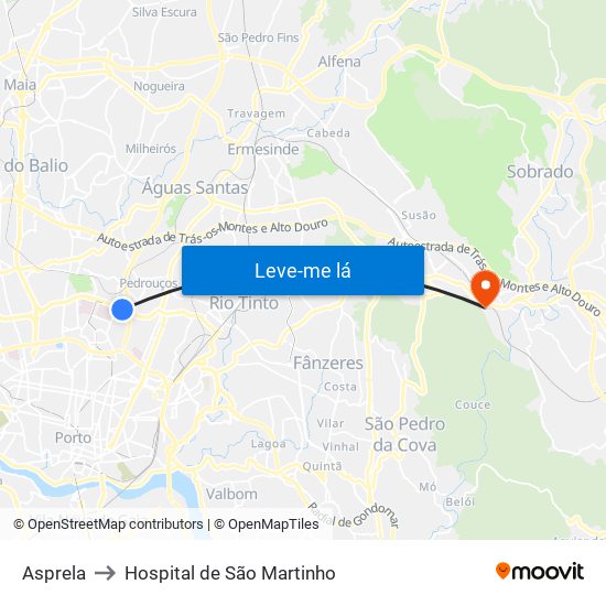 Asprela to Hospital de São Martinho map