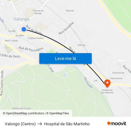 Valongo (Centro) to Hospital de São Martinho map