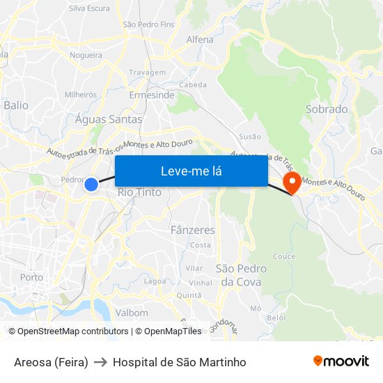 Areosa (Feira) to Hospital de São Martinho map