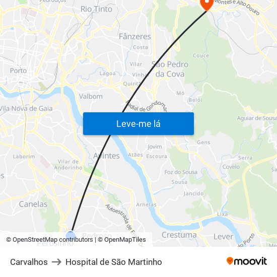 Carvalhos to Hospital de São Martinho map