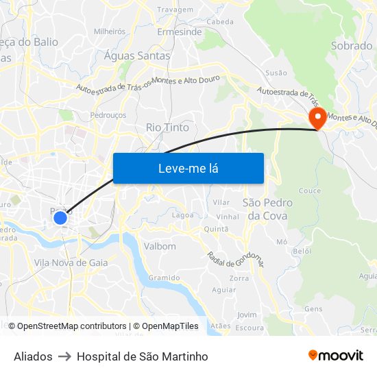Aliados to Hospital de São Martinho map
