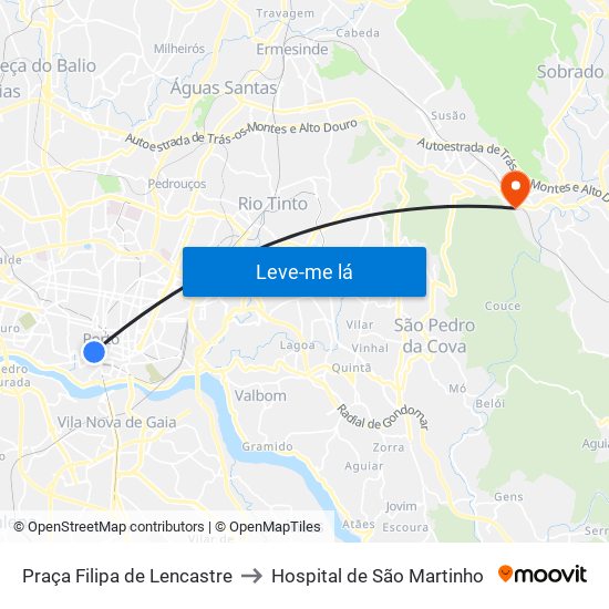 Praça Filipa de Lencastre to Hospital de São Martinho map