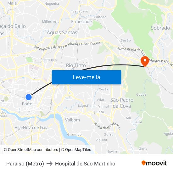 Paraíso (Metro) to Hospital de São Martinho map