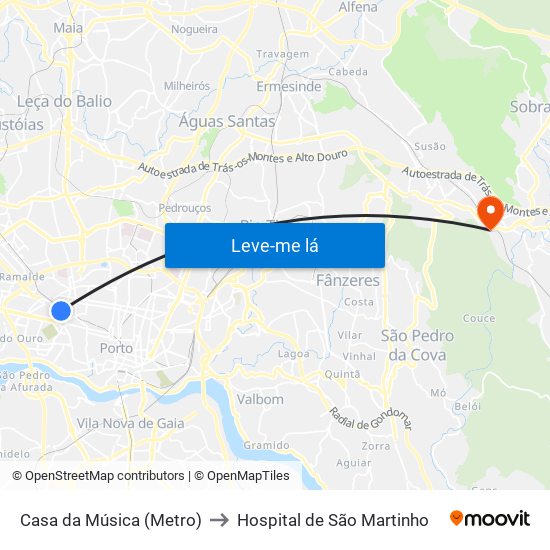 Casa da Música (Metro) to Hospital de São Martinho map
