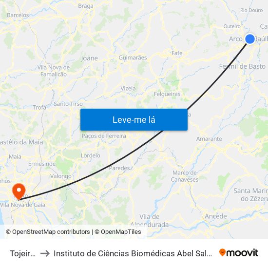 Tojeirinhas to Instituto de Ciências Biomédicas Abel Salazar - Polo de Medicina map