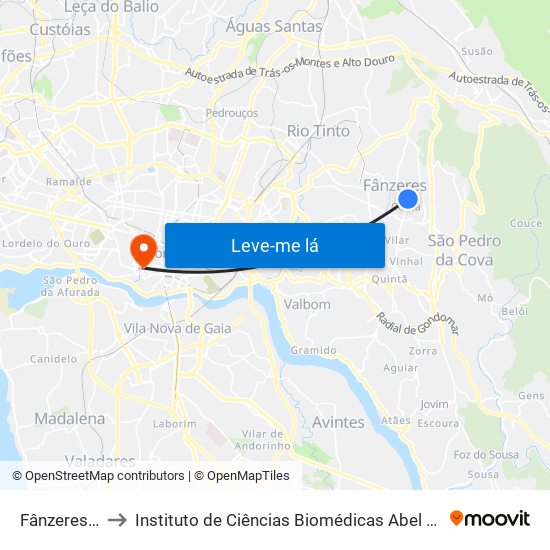 Fânzeres (Igreja) to Instituto de Ciências Biomédicas Abel Salazar - Polo de Medicina map