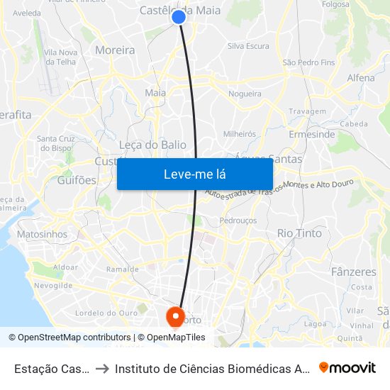 Estação Castêlo da Maia to Instituto de Ciências Biomédicas Abel Salazar - Polo de Medicina map