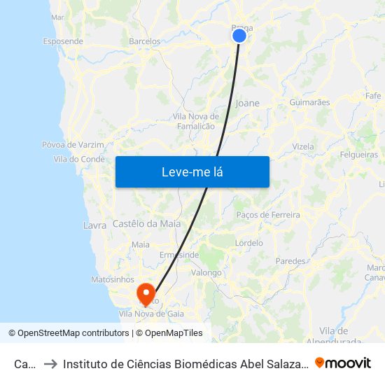 Caires to Instituto de Ciências Biomédicas Abel Salazar - Polo de Medicina map