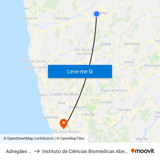 Adregães V (Souto) to Instituto de Ciências Biomédicas Abel Salazar - Polo de Medicina map