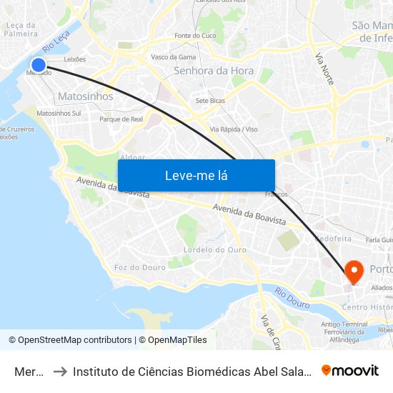Mercado to Instituto de Ciências Biomédicas Abel Salazar - Polo de Medicina map