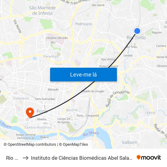 Rio Tinto to Instituto de Ciências Biomédicas Abel Salazar - Polo de Medicina map