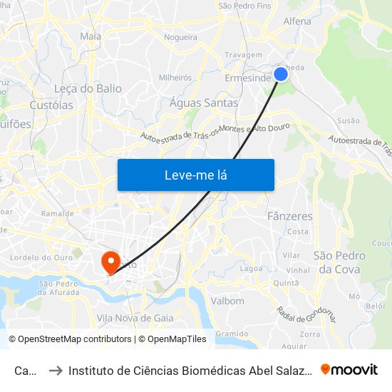 Cabeda to Instituto de Ciências Biomédicas Abel Salazar - Polo de Medicina map