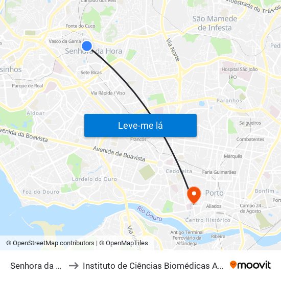 Senhora da Hora (Metro) to Instituto de Ciências Biomédicas Abel Salazar - Polo de Medicina map