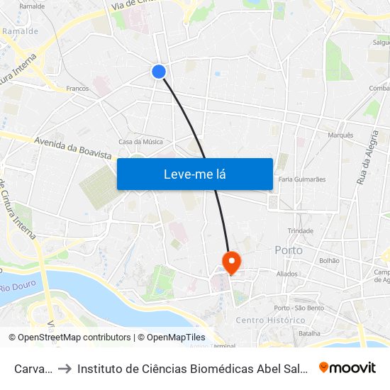 Carvalhido to Instituto de Ciências Biomédicas Abel Salazar - Polo de Medicina map