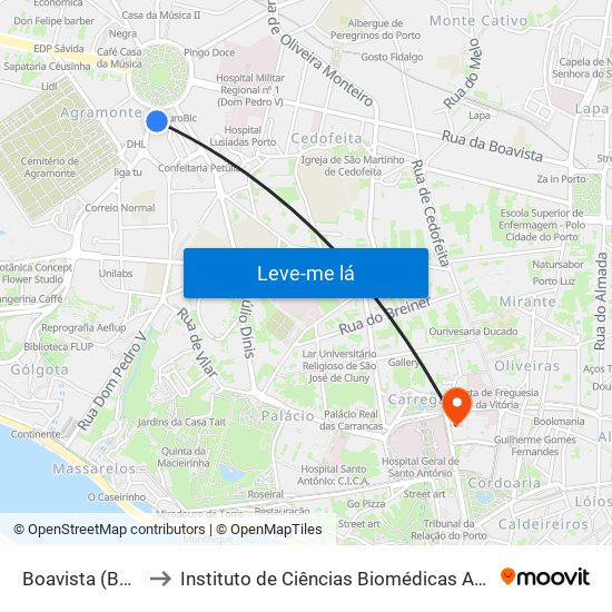 Boavista (Bom Sucesso) to Instituto de Ciências Biomédicas Abel Salazar - Polo de Medicina map