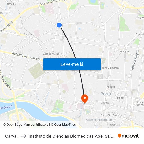 Carvalhido to Instituto de Ciências Biomédicas Abel Salazar - Polo de Medicina map