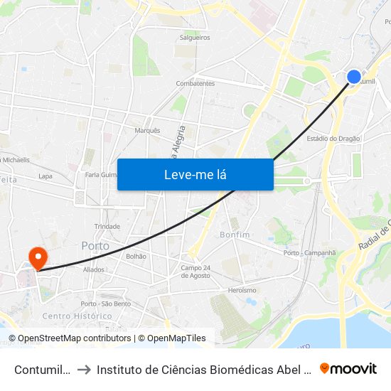 Contumil (Metro) to Instituto de Ciências Biomédicas Abel Salazar - Polo de Medicina map