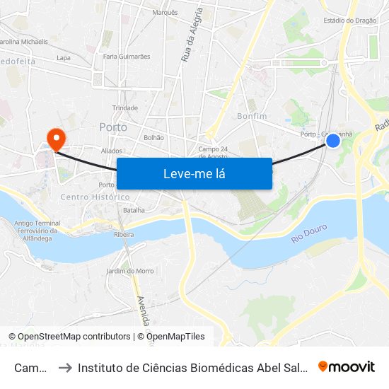 Campanhã to Instituto de Ciências Biomédicas Abel Salazar - Polo de Medicina map