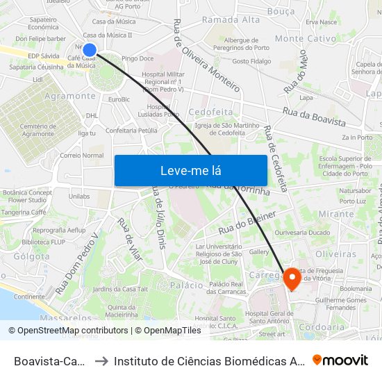 Boavista-Casa da Música to Instituto de Ciências Biomédicas Abel Salazar - Polo de Medicina map