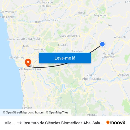 Vila Meã to Instituto de Ciências Biomédicas Abel Salazar - Polo de Medicina map