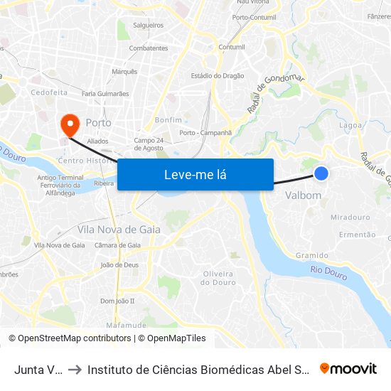 Junta Valbom to Instituto de Ciências Biomédicas Abel Salazar - Polo de Medicina map