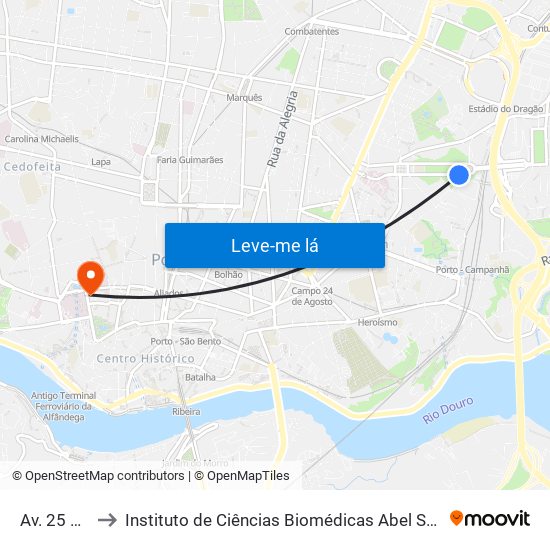 Av. 25 de Abril to Instituto de Ciências Biomédicas Abel Salazar - Polo de Medicina map