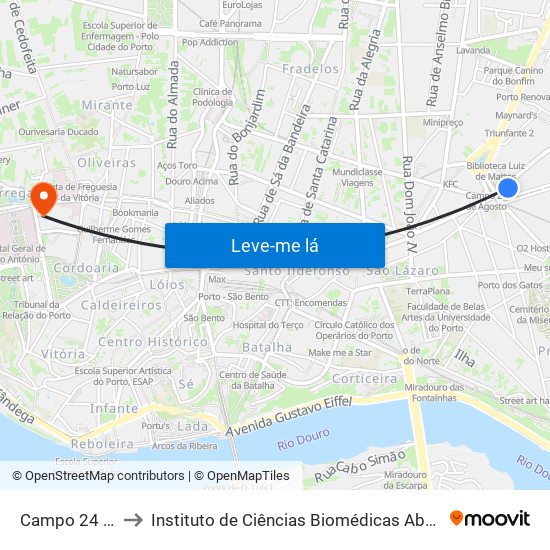 Campo 24 de Agosto to Instituto de Ciências Biomédicas Abel Salazar - Polo de Medicina map