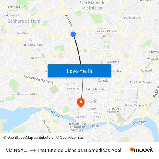 Via Norte (Circ.) to Instituto de Ciências Biomédicas Abel Salazar - Polo de Medicina map