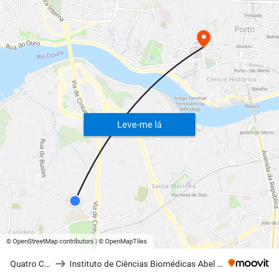 Quatro Caminhos to Instituto de Ciências Biomédicas Abel Salazar - Polo de Medicina map