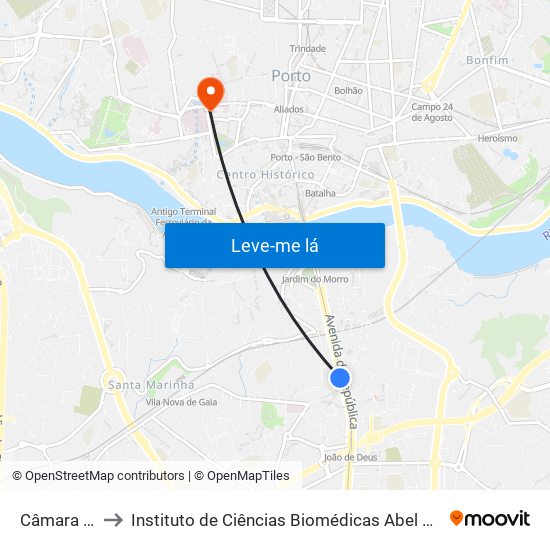 Câmara de Gaia to Instituto de Ciências Biomédicas Abel Salazar - Polo de Medicina map