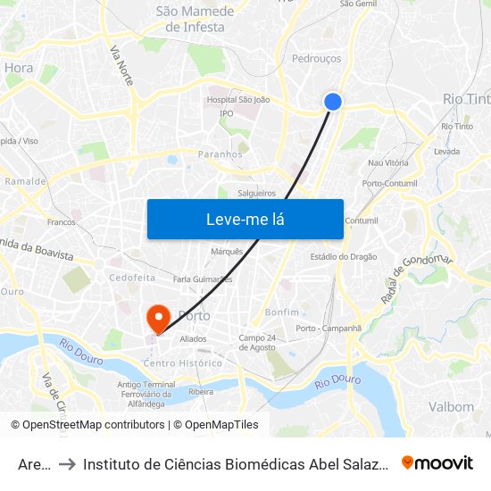 Areosa to Instituto de Ciências Biomédicas Abel Salazar - Polo de Medicina map