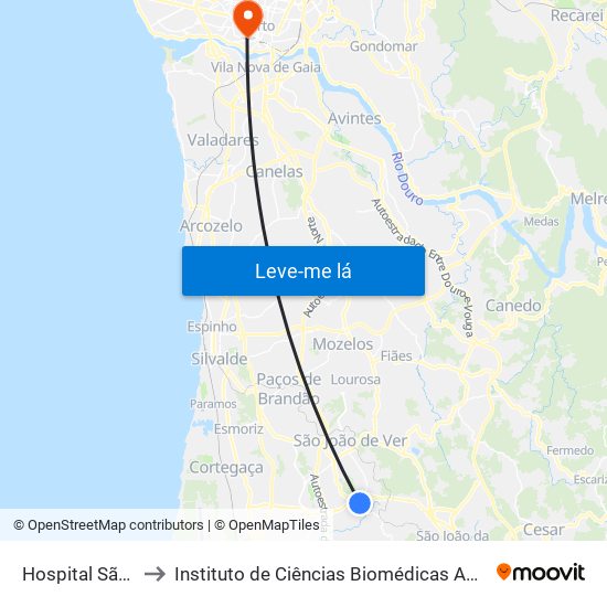 Hospital S. Sebastião to Instituto de Ciências Biomédicas Abel Salazar - Polo de Medicina map