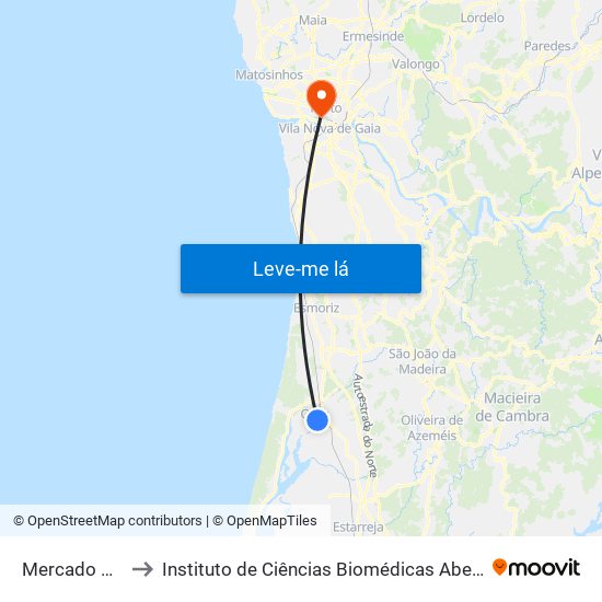 Mercado de Ovar - A to Instituto de Ciências Biomédicas Abel Salazar - Polo de Medicina map