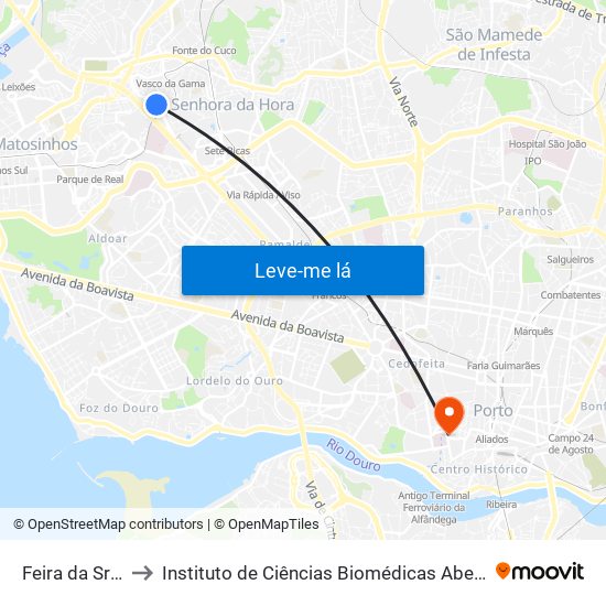 Feira da Srª da Hora to Instituto de Ciências Biomédicas Abel Salazar - Polo de Medicina map