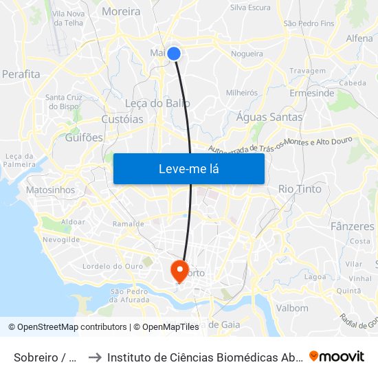 Sobreiro / Maia (Plaza) to Instituto de Ciências Biomédicas Abel Salazar - Polo de Medicina map